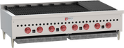 The Wolf SCB47_LP charbroiler is a commercial countertop gas charbroiler featuring eight red control knobs, black grill grates, the signature Wolf logo, sturdy legs, and two removable drip trays for easy cleanup.
