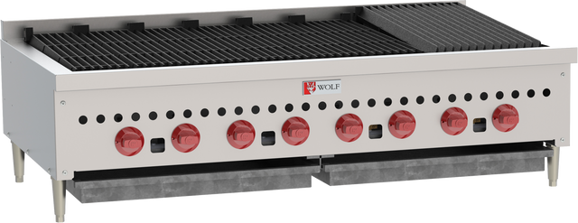 The Wolf SCB47_LP charbroiler is a commercial countertop gas charbroiler featuring eight red control knobs, black grill grates, the signature Wolf logo, sturdy legs, and two removable drip trays for easy cleanup.