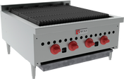 The Wolf SCB25_NAT Charbroiler is a commercial countertop charbroiler with four red control knobs, a spacious black grill surface, durable metal legs, and a stainless steel body. The front panel displays the Wolf logo and includes a drip tray below.
