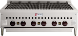 A commercial gas charbroiler with six red control knobs, stainless steel body, vented front panel, black grates, and the Wolf logo at the center. Ideal for professional kitchen grilling and built for heavy-duty use on sturdy short legs.