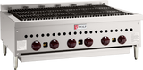 A stainless steel commercial gas charbroiler with six red control knobs, grated grilling surface, Wolf brand logo on the front, and four sturdy legs. Ideal for professional kitchen grilling, with ventilation holes and safety labels on both sides.