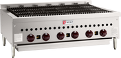 A stainless steel commercial gas charbroiler with six red control knobs, grated grilling surface, Wolf brand logo on the front, and four sturdy legs. Ideal for professional kitchen grilling, with ventilation holes and safety labels on both sides.