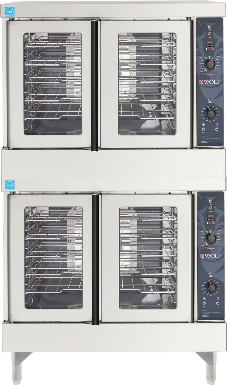 A double-stacked Wolf WC44GD convection oven with four glass doors—two per oven. Each stainless steel unit features multiple metal racks and a control panel with dials, buttons, and the Wolf logo, ideal for any commercial kitchen equipment lineup.