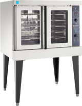 A Wolf WC4ED convection oven on black legs, featuring two clear glass doors. The right side has control knobs and an analog dial with the Wolf logo. The energy-efficient oven interior has multiple racks and a fan for air circulation.
