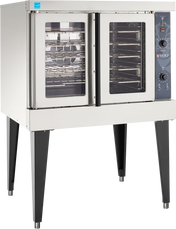 A Wolf WC4ED convection oven on black legs, featuring two clear glass doors. The right side has control knobs and an analog dial with the Wolf logo. The energy-efficient oven interior has multiple racks and a fan for air circulation.