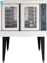A commercial-grade Wolf WC4ED convection oven featuring two glass doors, multiple wire racks, a black control panel with dials and indicators on the right, and four sturdy black legs for durability in busy kitchens.