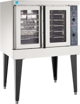 A commercial convection oven with two glass-paneled doors, black control panel, interior racks, and four sturdy legs. Clean and modern, this gas single-deck oven is ideal for professional kitchen use.