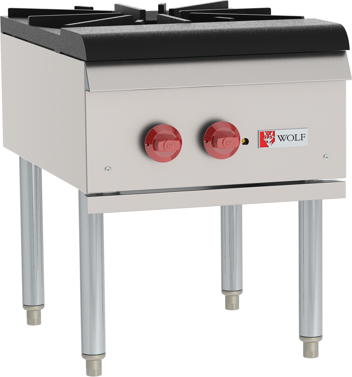 A commercial stock pot range with a stainless steel exterior, featuring two burners each controlled by a large red knob. This gas kitchen appliance stands on four metal legs and displays the “Wolf” logo beneath the control panel.