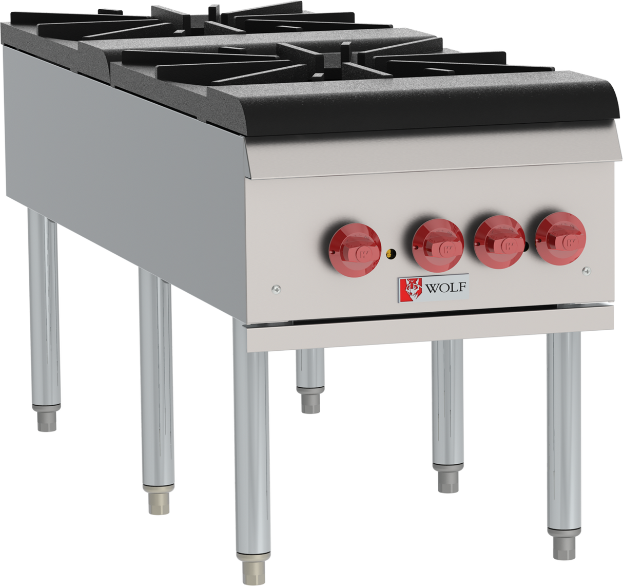 A commercial stainless steel gas range for professional kitchen use, featuring four black burners, red control knobs, and sturdy metal legs. The Wolf logo is visible beneath the knobs on this high BTU stock pot range.