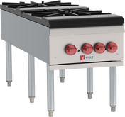 A commercial stainless steel gas range for professional kitchen use, featuring four black burners, red control knobs, and sturdy metal legs. The Wolf logo is visible beneath the knobs on this high BTU stock pot range.