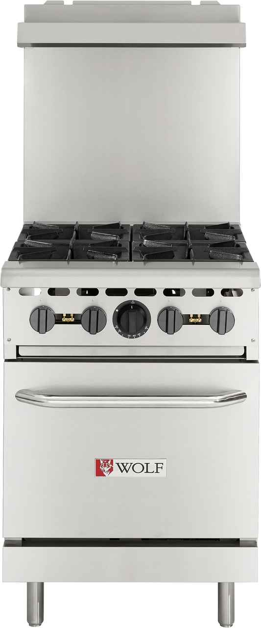 A stainless steel Wolf brand commercial gas range with four burners, black burner grates, front control knobs, a large oven door, and a prominent handle. The Wolf logo with red wolf icon appears on the sleek, modern professional kitchen equipment.