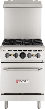 A stainless steel Wolf brand commercial gas range with four burners, black burner grates, front control knobs, a large oven door, and a prominent handle. The Wolf logo with red wolf icon appears on the sleek, modern professional kitchen equipment.