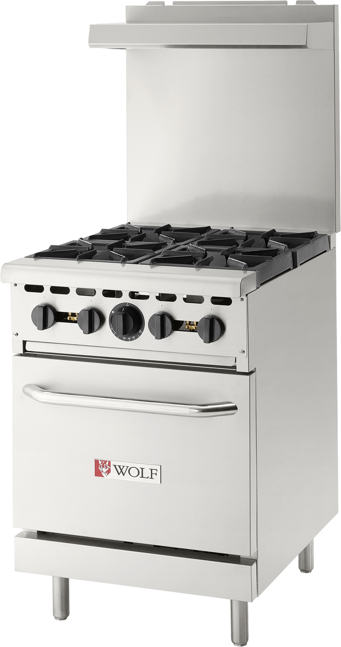 A stainless steel Wolf WX24-4BN restaurant range featuring four black burner grates, four control knobs, an oven door with a horizontal handle, red Wolf logo on the front, and a backsplash panel at the back.