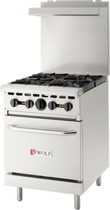 A stainless steel Wolf WX24-4BN restaurant range featuring four black burner grates, four control knobs, an oven door with a horizontal handle, red Wolf logo on the front, and a backsplash panel at the back.