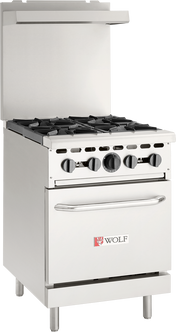 A stainless steel Wolf WX24-4BN restaurant range with four black burner grates, front control knobs, an oven door beneath with a horizontal handle, and a backsplash panel. The Wolf logo is visible on the oven door.