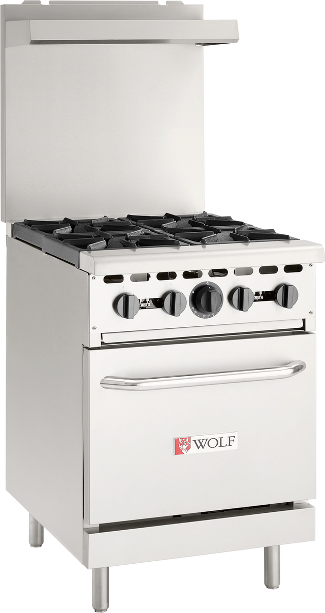 A stainless steel Wolf WX24-4BN restaurant range with four black burner grates, front control knobs, an oven door beneath with a horizontal handle, and a backsplash panel. The Wolf logo is visible on the oven door.