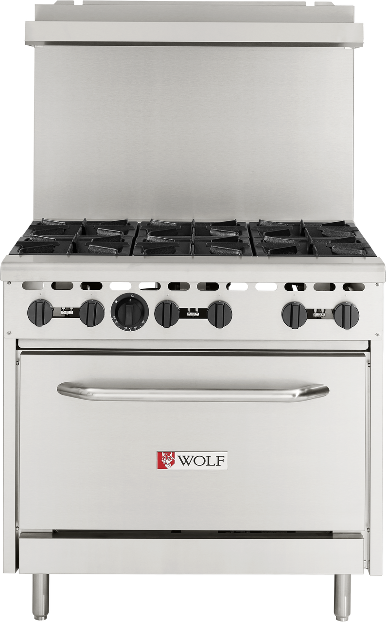 A stainless steel Wolf WX36-6BP restaurant range features six black burner knobs, six burners on top, a large oven below with a handle, and the Wolf brand logo with a red wolf head centered on the oven door—perfect for any commercial kitchen.
