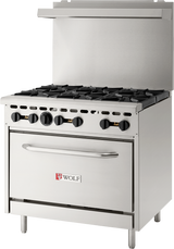 A stainless steel Wolf WX36-6BP commercial kitchen gas range with six black burner knobs, six burners, a spacious oven below with a horizontal handle, raised backsplash, and the Wolf logo on the door. The restaurant range is clean and unused.
