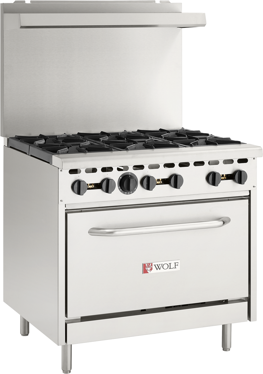 A stainless steel Wolf WX36-6BP restaurant range featuring six burners on top, control knobs along the front, a large oven door below with a handle, and a raised stainless steel backsplash. Perfect for any commercial kitchen.