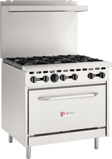 A stainless steel Wolf WX36-6BP restaurant range featuring six burners on top, control knobs along the front, a large oven door below with a handle, and a raised stainless steel backsplash. Perfect for any commercial kitchen.