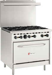 A stainless steel Wolf WX36-6BP restaurant range featuring six burners on top, control knobs along the front, a large oven door below with a handle, and a raised stainless steel backsplash. Perfect for any commercial kitchen.