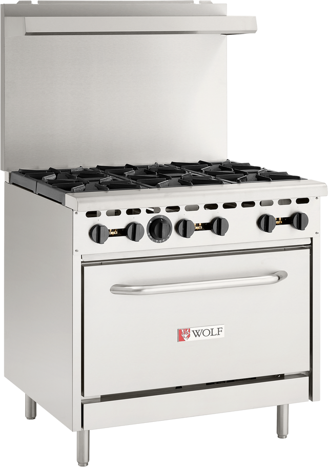 A stainless steel Wolf WX36-6BP restaurant range featuring six burners on top, control knobs along the front, a large oven door below with a handle, and a raised stainless steel backsplash. Perfect for any commercial kitchen.