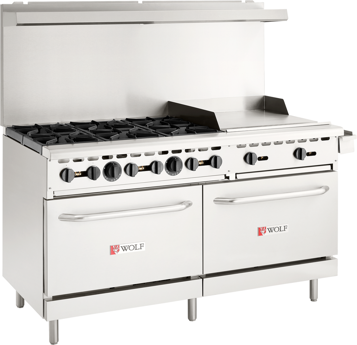 A large stainless steel Wolf commercial gas range features eight burners on the left, a flat griddle on the right, two oven doors below, control knobs above, and a tall backsplash. The Wolf logo is visible on each oven door.