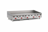 A heavy duty commercial griddle with six red control knobs, raised splatter guards, and sturdy metal legs. This countertop gas griddle features a flat stainless steel surface for cooking multiple items at once.