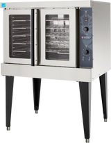 A stainless steel Wolf WC4ED commercial convection oven with glass-front double doors, a black control panel on the right with three knobs and indicator lights, and four sturdy black legs. Multiple metal racks are visible inside this energy-efficient oven.