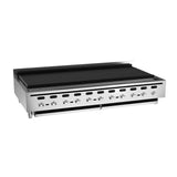 This commercial charbroiler features eight control knobs, a flat backsplash, and a large black ribbed grilling surface. The stainless steel charbroiler also includes adjustable legs and ventilation slots on the front panel.