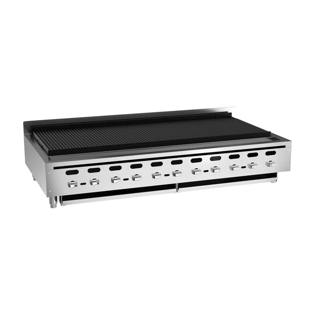 This commercial charbroiler features eight control knobs, a flat backsplash, and a large black ribbed grilling surface. The stainless steel charbroiler also includes adjustable legs and ventilation slots on the front panel.