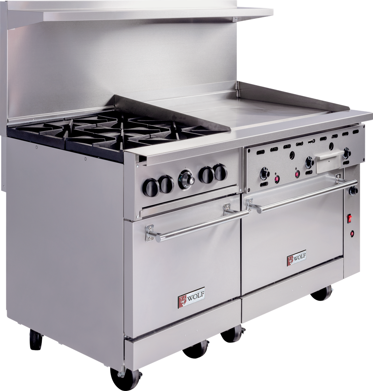 A Wolf Challenger XL Restaurant Range, this commercial gas range features six burners, a large thermostatic griddle, two oven compartments with handles, multiple control knobs, a high backsplash, and four caster wheels for mobility.