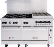 A large, stainless steel cooking unit, this 60-inch gas range features four burners on the left, a grill grate on the right, control knobs, two oven doors below, Wolf brand logos on the front, locking wheels, and a raised backsplash.