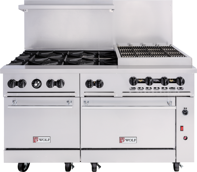 A large stainless steel Wolf 60-inch gas range with six burners, raised griddle, two ovens below, front control knobs, and a backsplash. This commercial gas range is on wheels and features prominent Wolf branding on the oven doors.