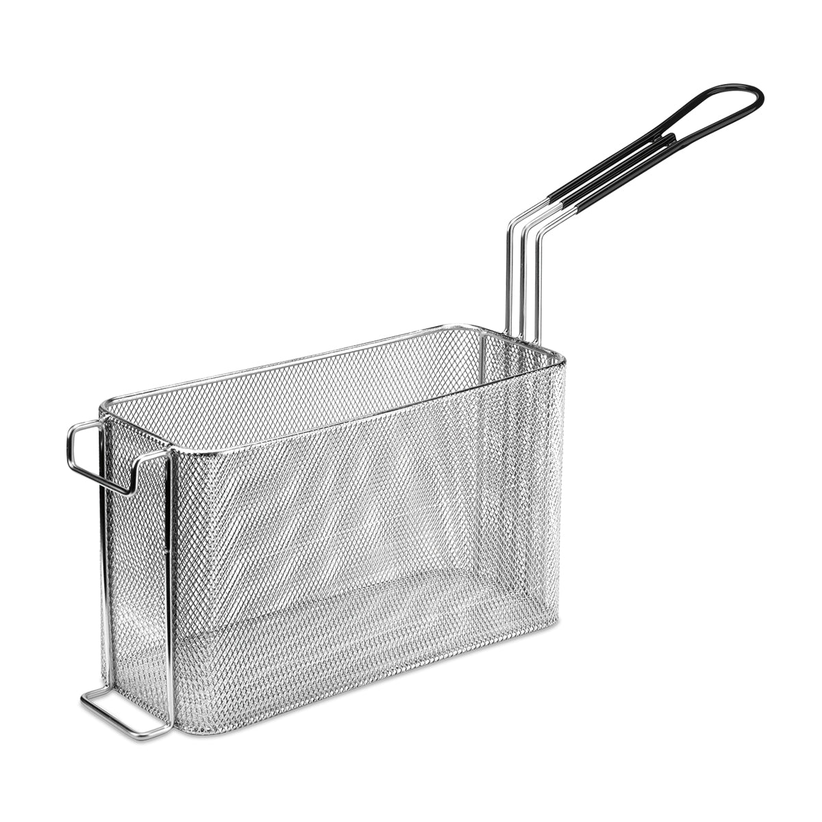 A large basket, the Waring WPC100 features a rectangular metal wire mesh design with a long black plastic-coated handle, small mesh holes, a solid frame, and a front hook for hanging on your fryer or pot.