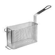 A large basket, the Waring WPC100 features a rectangular metal wire mesh design with a long black plastic-coated handle, small mesh holes, a solid frame, and a front hook for hanging on your fryer or pot.