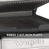 Close-up of a compact panini grill with ribbed cast iron plates. The word WARING is embossed on the stainless steel front, and overlaid text reads RIBBED CAST-IRON PLATES, highlighting the appliance’s textured cooking surfaces.