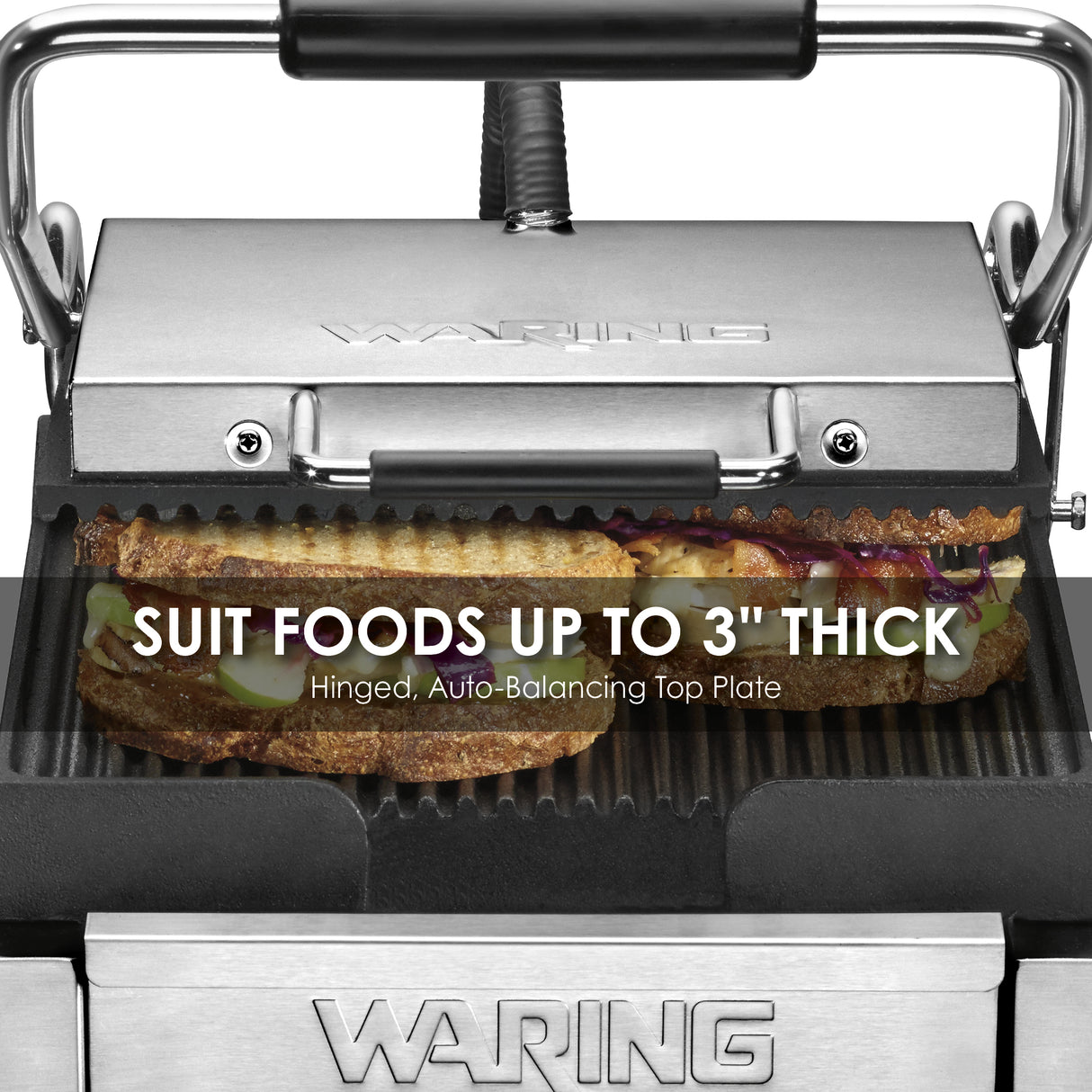 A compact Panini grill with ribbed cast iron plates features a hinged, auto-balancing top plate pressing a thick sandwich. Text reads, “Suit foods up to 3 thick.” The silver press displays the Waring brand name on top and front.