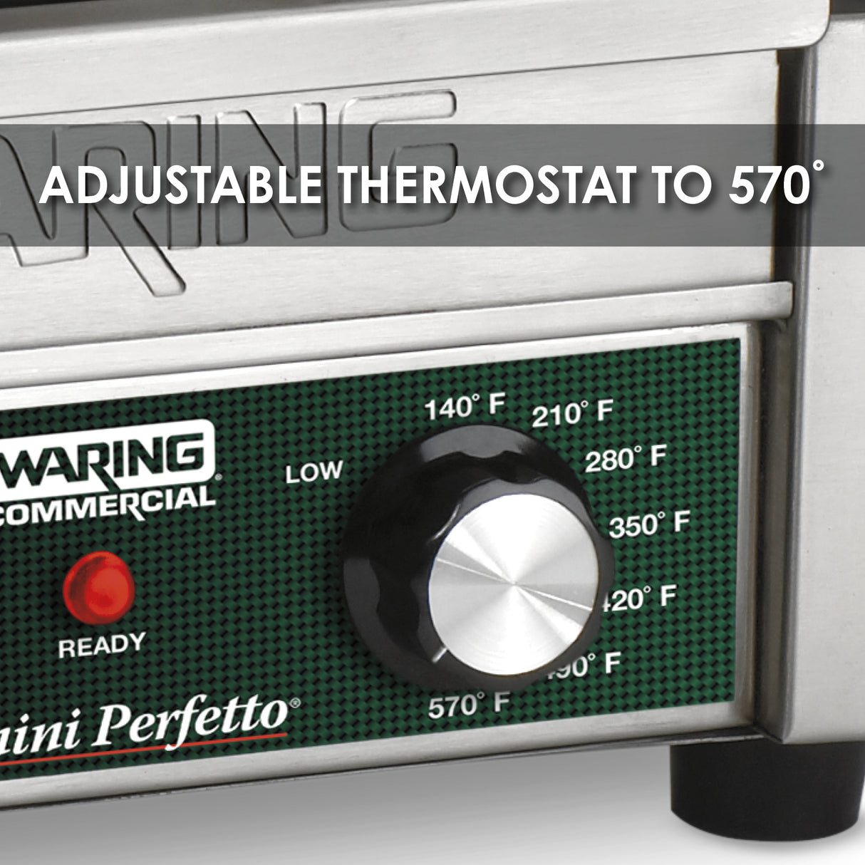 A close-up of a compact panini grill shows a temperature control knob with settings from 140°F to 570°F. Text on the image reads “ADJUSTABLE THERMOSTAT TO 570°.” The green panel features metallic accents, ribbed cast iron plates, and a “Ready” light.