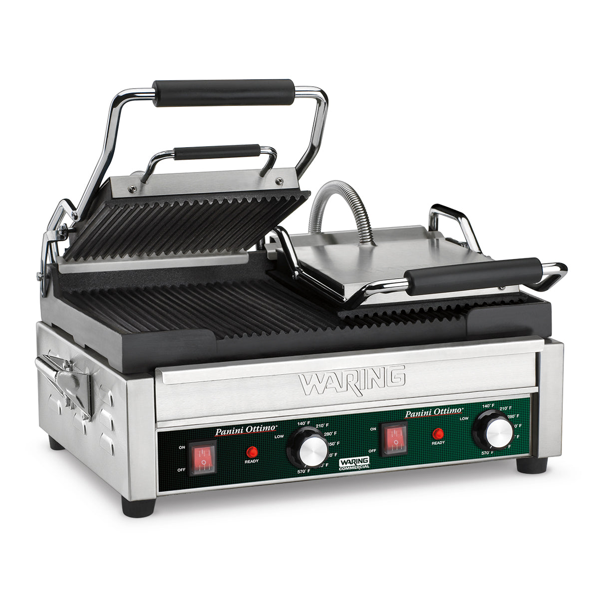 A stainless steel electric panini grill with ridged top and bottom plates, both with black handles. The front panel features two red switches, temperature dials, indicator lights, and the Waring brand above the controls. The top plate is open.