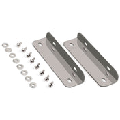 Two silver metal mounting brackets with four oblong holes each are shown alongside eight screws and washers, neatly arranged on a white background. These components are designed for use with the Waring WPO100 pizza oven stacking kit.