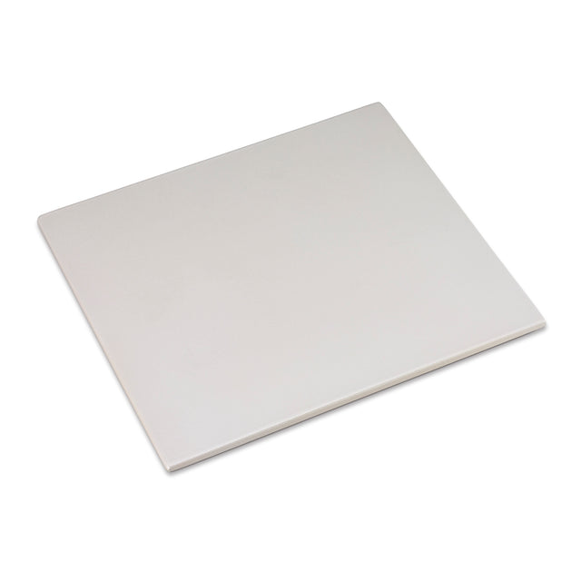 A plain, rectangular, light gray glazed ceramic tile is shown against a white background. The smooth, slightly glossy tile resembles a Pizza Stone and is positioned at an angle with two edges visible. No patterns or markings are present on its surface.
