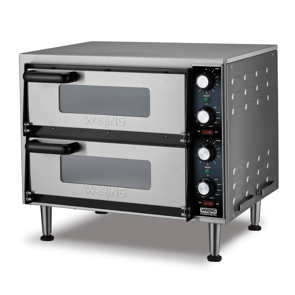 A stainless steel double-deck pizza oven with black handles, glass windows on both doors, control knobs, and indicator lights on the right side panel. This electric pizza oven stands on four metal legs and features the Waring brand on the doors and base.