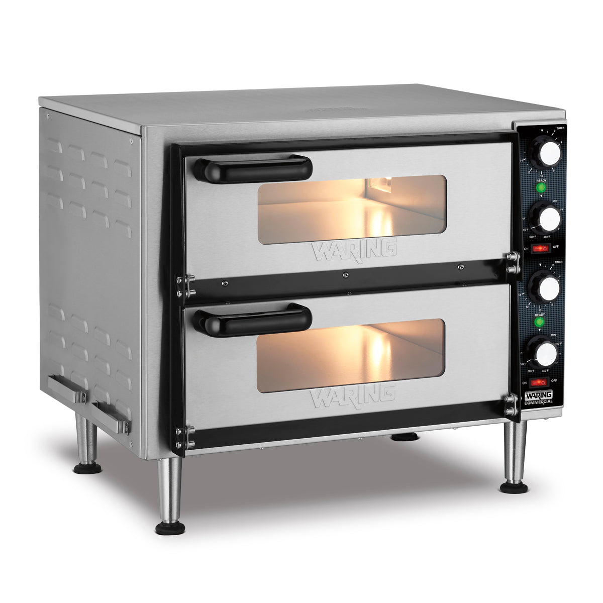 A stainless steel double-deck pizza oven with two stacked compartments, each with a glass window and black handle. Control knobs, lights, and temperature indicators are on the right side panel. The electric pizza oven stands on four metal legs.