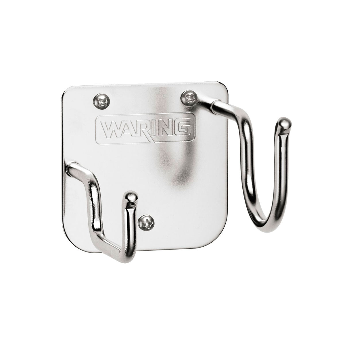 A metal Big Stix wall hanger with a square backplate embossed with WARING. The plate has four screws and supports two curved hooks for hanging WSB series items, all crafted from shiny, stainless steel.