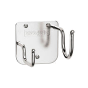 A metal Big Stix wall hanger with a square backplate embossed with WARING. The plate has four screws and supports two curved hooks for hanging WSB series items, all crafted from shiny, stainless steel.