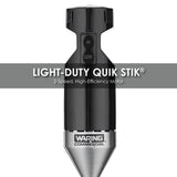 A black and silver Waring Commercial Immersion Blender is shown upright. Text across the blender reads, LIGHT-DUTY QUIK STIK®, 2-Speed, High-Efficiency Motor. The HI and LOW speed switch is visible; ideal for small batches up to 12 qt capacity.