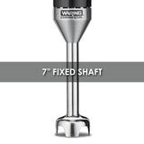 Close-up of a stainless steel immersion blender shaft with the Waring Commercial brand at the top. A transparent gray banner reads 7 FIXED SHAFT in bold white letters, highlighting this medium duty immersion blender's versatility. Background is plain white.