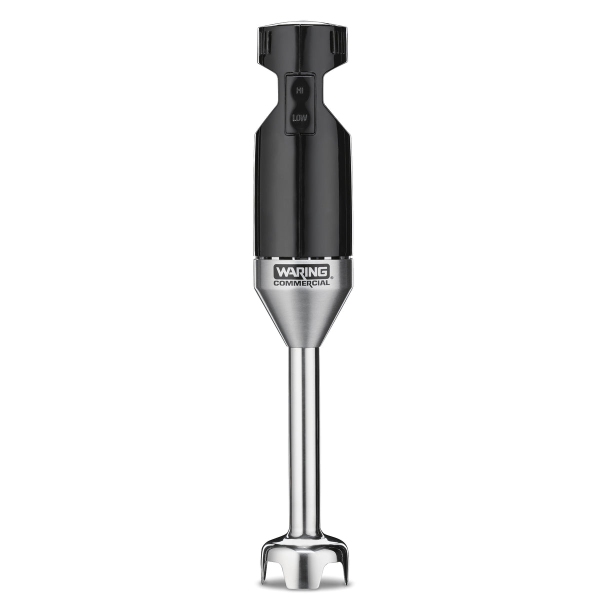 A black and silver Waring Commercial immersion blender stands upright, featuring a black handle with “HI” and “LOW” speed buttons and a silver shaft with a protective blade guard—ideal for medium duty tasks and blending up to 12 qt capacity.