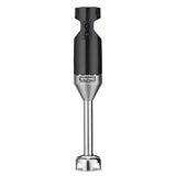 A black and silver Waring Commercial immersion blender stands upright, featuring a black handle with “HI” and “LOW” speed buttons and a silver shaft with a protective blade guard—ideal for medium duty tasks and blending up to 12 qt capacity.